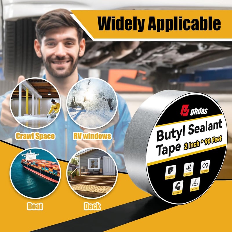 Bghdas - 2 Pack Butyl Sealant Tape 2" X 90' - Double Sided - Black Vapor Barrier Butyl Tape for Wall of Crawl Space, Rv Windows, Deck Boat, Crawlspace (Waterproof, Weatherproof) - Image 4